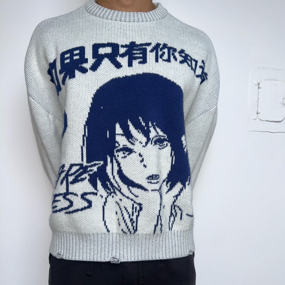 PacSun Navy and White Graphic Crewneck Sweater